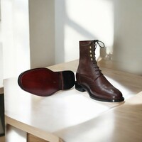 Ankle High Green Leather Handmade Boot, Men's Wing Tip Boot - Thumbnail 2