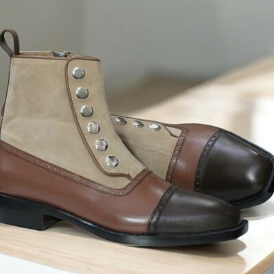 Ankle high brown button boots, handmade leather suede boots