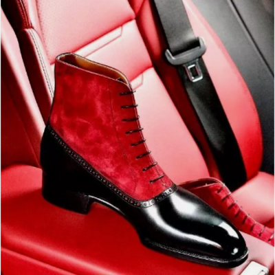 Handmade men black and red ankle brogue boots, formal lace up office dress boots mens