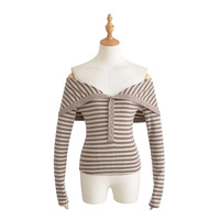 Off-shoulder button-down striped long-sleeved outerwear T-shirt - Thumbnail 3