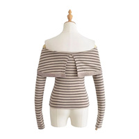 Off-shoulder button-down striped long-sleeved outerwear T-shirt - Thumbnail 4