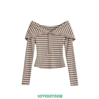 Off-shoulder button-down striped long-sleeved outerwear T-shirt - Thumbnail 2