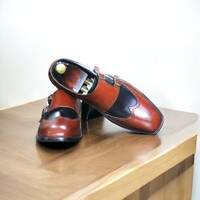 Men's Dark Brown Fringe Buckle Leather Shoes, Wing Tip Brogue Shoes For Men's - Thumbnail 1