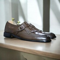 Men's Dark Brown Fringe Buckle Leather Shoes, Wing Tip Brogue Shoes For Men's - Thumbnail 1