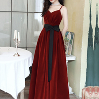 Burgundy Spaghetti Strap Velvet Long A-Line Prom Dress - Thumbnail 1