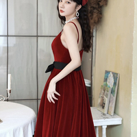 Burgundy Spaghetti Strap Velvet Long A-Line Prom Dress - Thumbnail 3