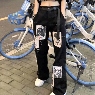 Stunning punk baggy hippie abstract patchwork wide leg loose fits straight trousers streetwear unique rave amazing