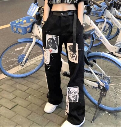 Stunning Punk Baggy Hippie Abstract Patchwork Wide Leg Loose Fits Straight Trousers Streetwear Unique Rave Amazing