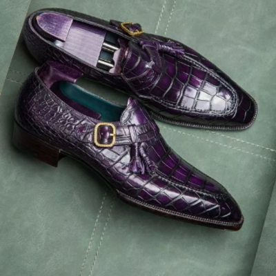 Handmade purple monk strap crocodile shoes, leather formal office shoes for mens