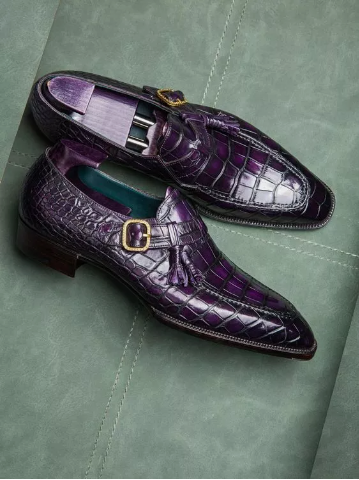 Handmade purple monk strap crocodile shoes, leather formal office shoes for mens