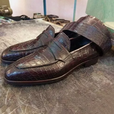 Handmade men brown leather crocodile shoes, formal dress moccasin for mens