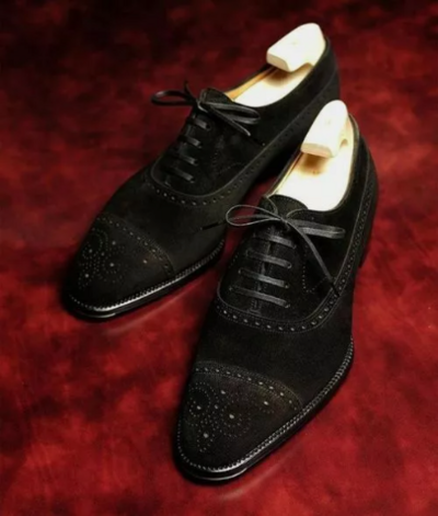 Handmade Men Black Suede Brogue Dress Shoes, Office Formal Shoes