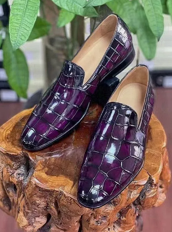 New Purple Crocodile Texture Handmade Leather Moccasin Dress Shoes For Mens