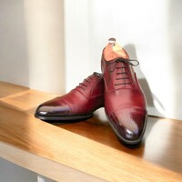 Men's Burgundy Leather Cap Toe Shoes, Lace Up Shoes - Thumbnail 1