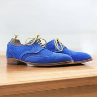 Men's Blue Suede Lace-Up Oxfords Leather Shoes - Thumbnail 1