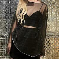 Gradient See Through Holographic Long Sleeve Lace Mesh Top - Thumbnail 5