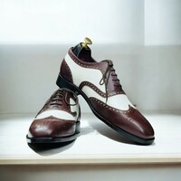 Wing Tip Two Tone Oxfords - Brown & White Leather Shoes. - Thumbnail 2