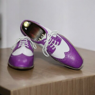 Men's Blue and White Leather Derby Lace-Up Designer Dress Shoes,