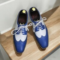 Men's Blue and White Leather Derby Lace-Up Designer Dress Shoes, - Thumbnail 1