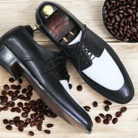 Handmade Leather Shoes, Dress Derby Lace up Black White Leather Men's Shoes - Thumbnail 1