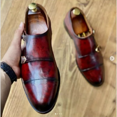 Handmade men burgundy leather double monk shoes, office/ business shoes