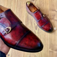 Handmade Men Burgundy Leather Double Monk Shoes, Office/ Business Shoes - Thumbnail 1