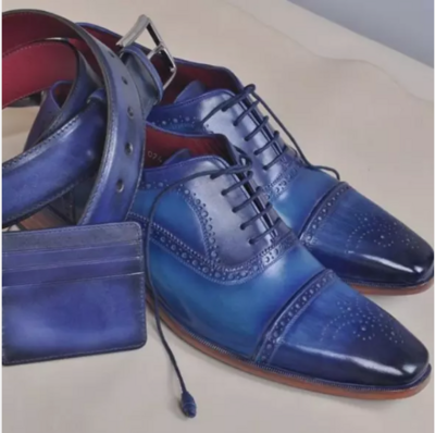 Handmade Men's Blue Brogue Lace Up Dress Shoes, Real Leather Business Shoes