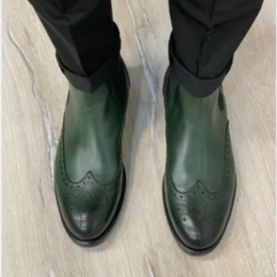 Handmade men green leather wing tip brogue chelsea boots, ankle leather boots, men boots