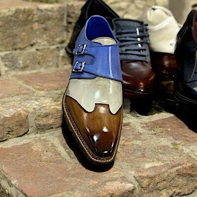 Handmade stylish brown blue monk design dress shoes
