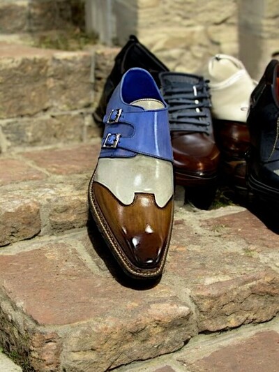 Handmade Stylish Brown Blue Monk Design Dress Shoes