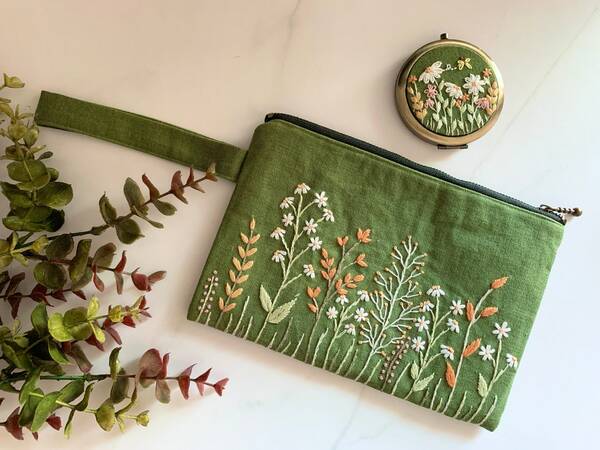 Green Floral Hand-Embroidered Clutch and Pocket Mirror | Bridesmaid Gift | Bridal Shower Gift | Birthday Gift | Christmas Gift