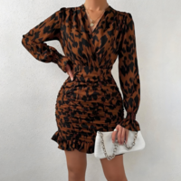 Long Sleeves Women'S Slim V-Neck Leopard Print Dress - Thumbnail 1