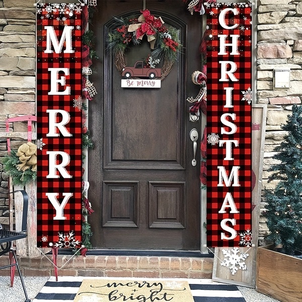 2Pcs Christmas Porch Banner,  hristmas Decorations Outdoor Yard Front Porch Sign Set,  Indoor Outdoor Xmas Decor Wall Front Door Yard Garage