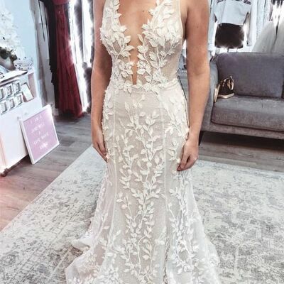 Simple beach mermaid v neck lace appliques boho wedding dress bridal gowns - Thumbnail 2