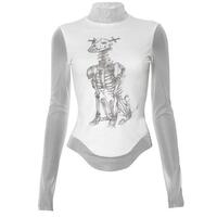 Skull Skeleton Print See Through Mesh Long Sleeve T-shirt - Thumbnail 2