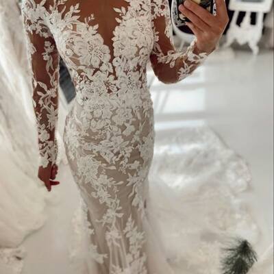 Elegant sheer long sleeve mermaid lace appliques boho wedding dress bridal gowns - Thumbnail 1