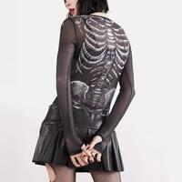 Skeleton Bone Print See Through Lace Mesh Long Sleeve Black Top - Thumbnail 1