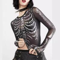 Skeleton Bone Print See Through Lace Mesh Long Sleeve Black Top - Thumbnail 2