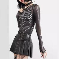 Skeleton Bone Print See Through Lace Mesh Long Sleeve Black Top - Thumbnail 3