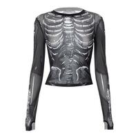 Skeleton Bone Print See Through Lace Mesh Long Sleeve Black Top - Thumbnail 4