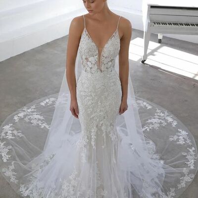 Elegant v neck mermaid lace appliques boho wedding dress bridal gowns - Thumbnail 2