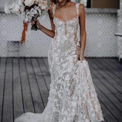 Luxury mermaid scoop lace appliques boho wedding dress bridal gowns - Thumbnail 2