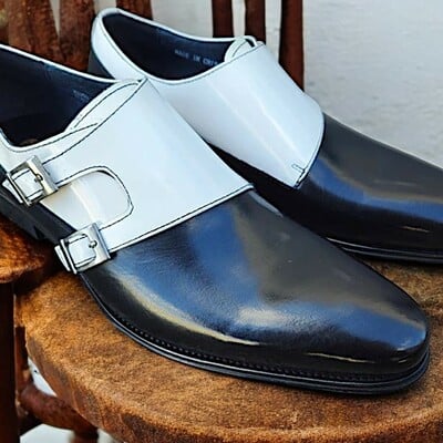 Men's handmade black white monk style genuine leather shoes
