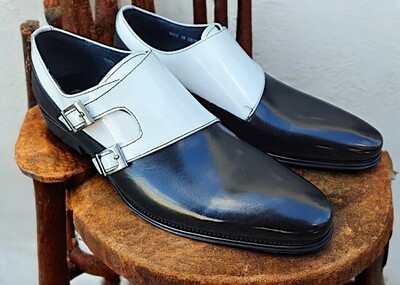 Men's Handmade Black White Monk Style Genuine Leather Shoes