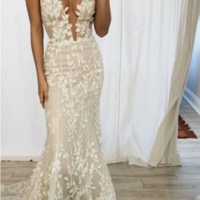 Elegant v neck mermaid lace appliques boho wedding dress bridal gowns - Thumbnail 1