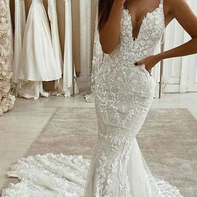 Elegant v neck mermaid lace appliques boho wedding dress bridal gowns - Thumbnail 2