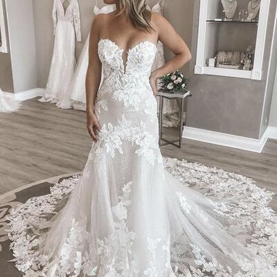 Simple mermaid sweetheart lace appliques long sleeve boho wedding dress bridal gowns - Thumbnail 1