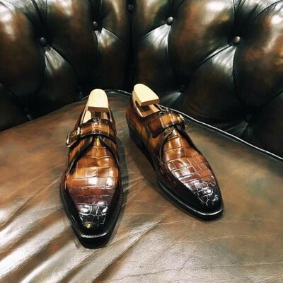 Handmade men's tan brown alligator monk style wedding shoes