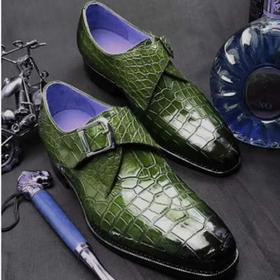 Handmade men green monk shoes, men crocodile textured dress shoes, , formal shoe