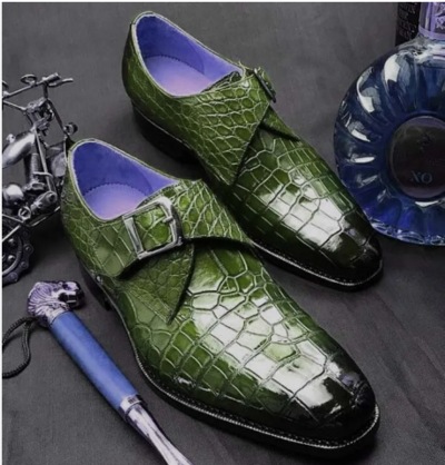 Handmade men green monk shoes, men crocodile textured dress shoes, , formal shoe
